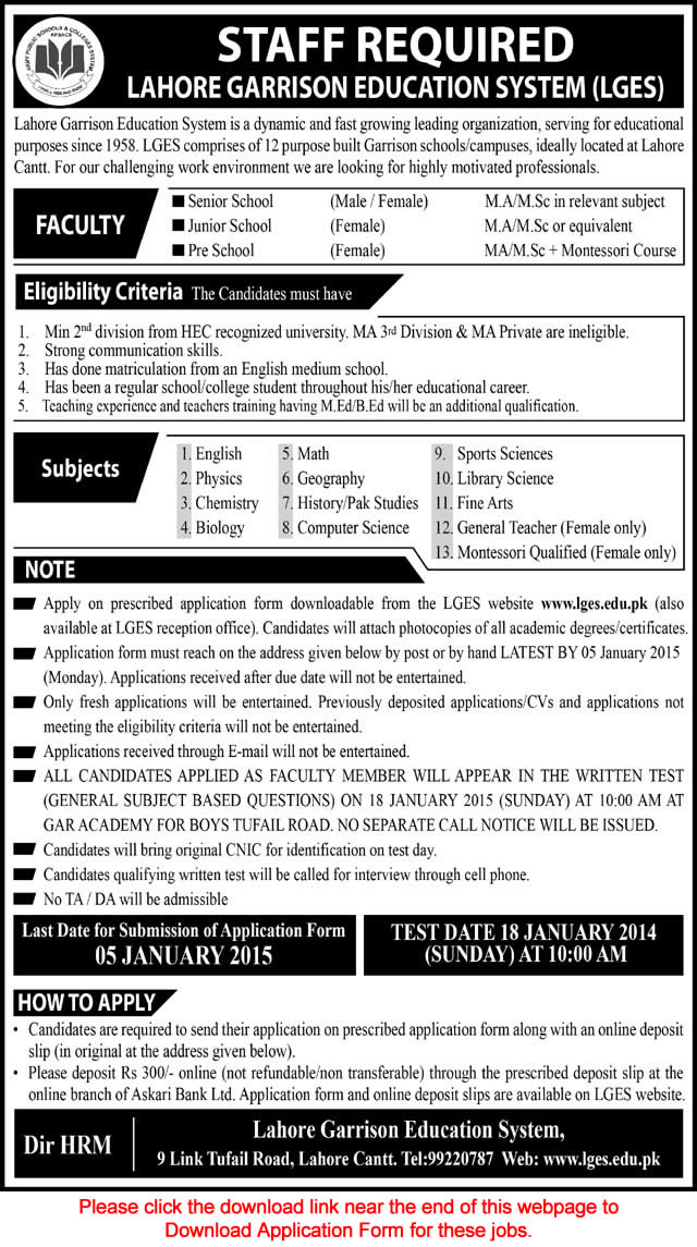 Lahore Garrison Education System Jobs December Teachers